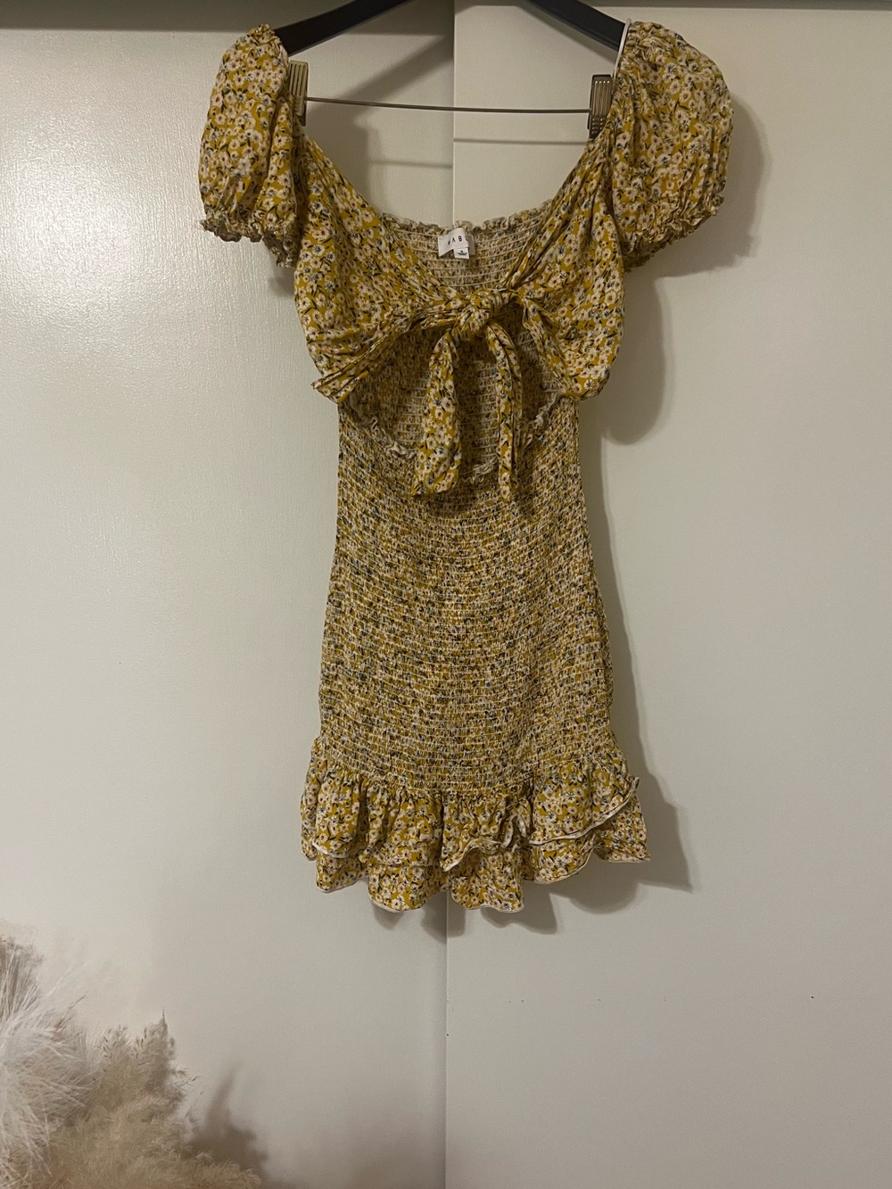 MARBLE Yellow Floral Tie-Front Smocked Top